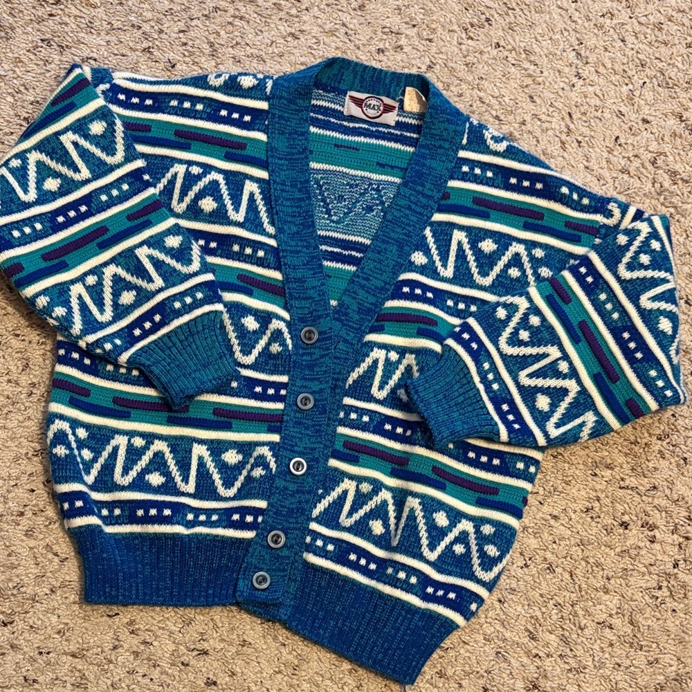 Vintage Kids Geometric Blue Chunky Sweater Cardigan